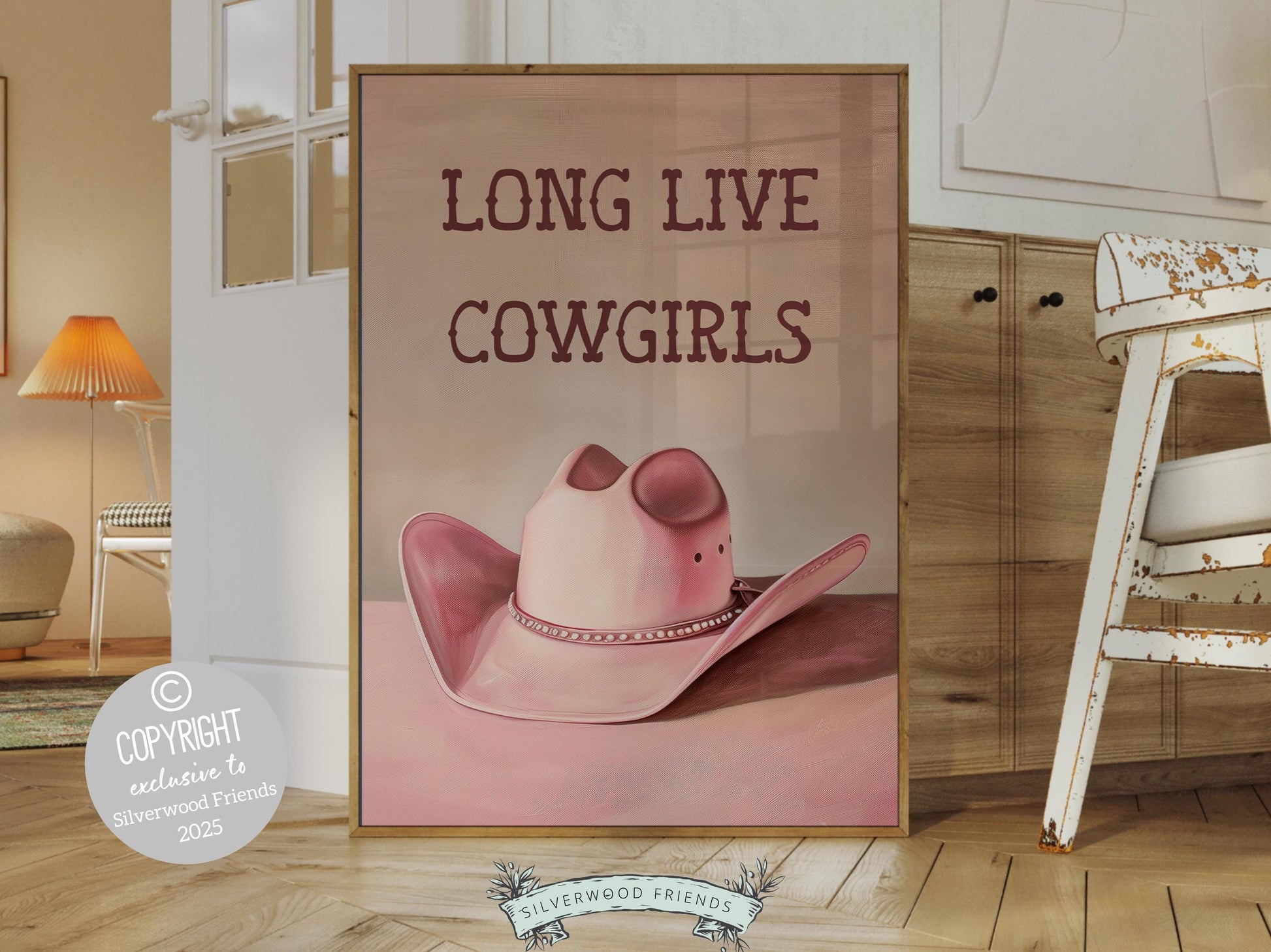 Pink Cowboy Hat Print, Long Live Cowgirls Print, Country Coastal Cowgirl Nursery Print, Teen Girl Country Western Wall Decor Digital Print