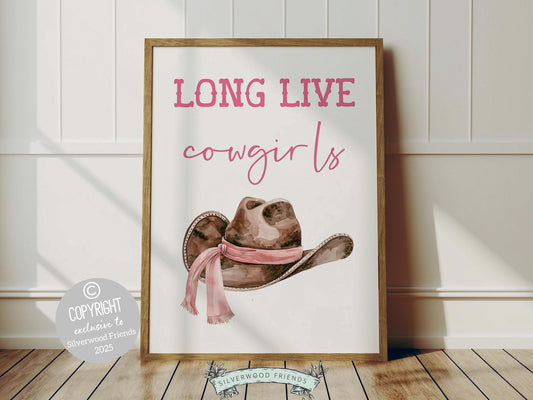 Cowgirl Hat Print, featuring a watercolor cowgirl hat alongside the quote Long Live Cowgirls. Perfect for country themed decor, this stylish artwork makes a lovely addition to a nursery, teen room, or any cowgirl inspired space!