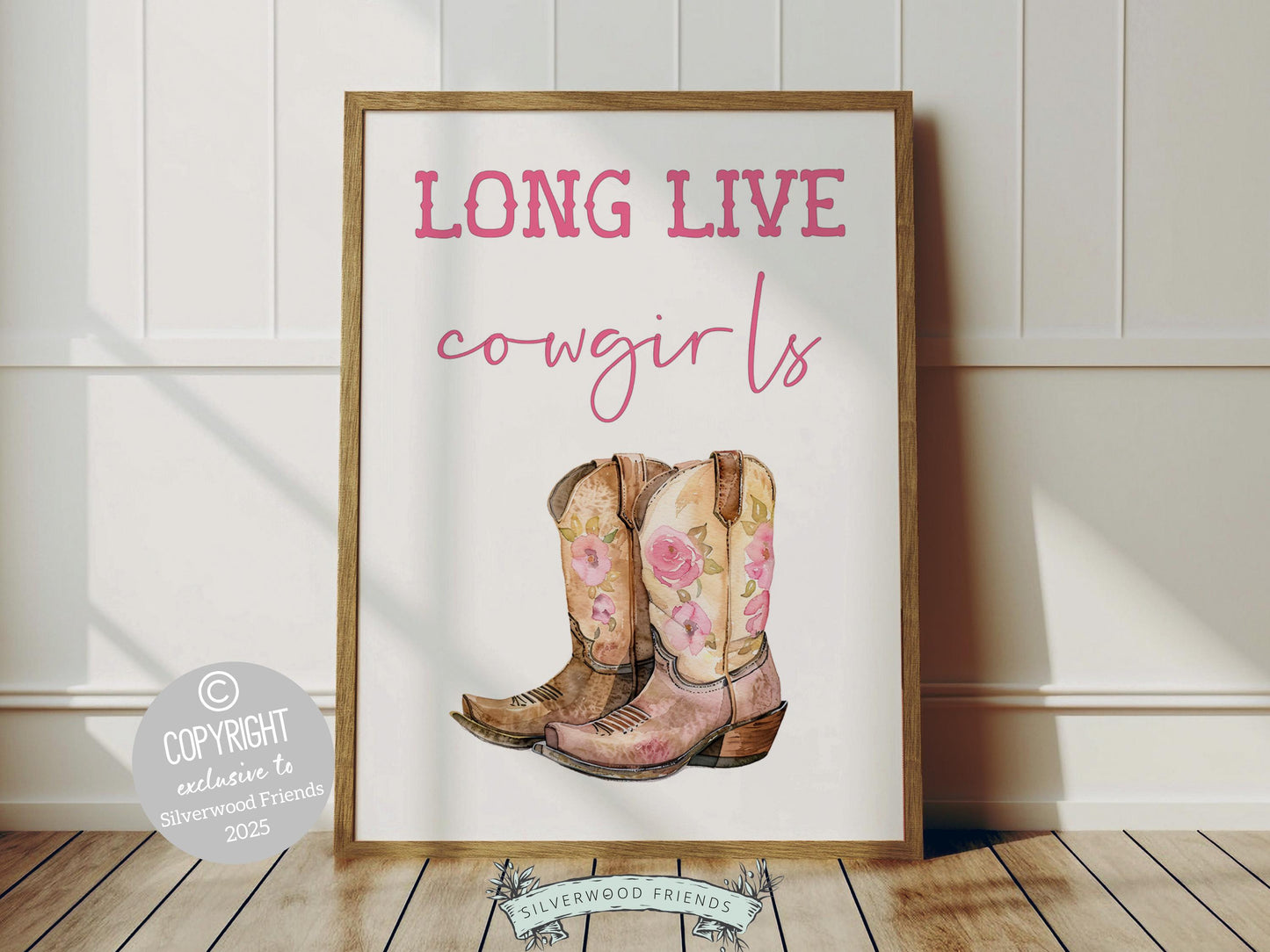 Cowgirl Boots Print, featuring soft pink and beige watercolor boots alongside the quote Long Live Cowgirls. Perfect for country themed decor, this stylish artwork makes a lovely addition to a nursery, teen room, or any cowgirl inspired space!