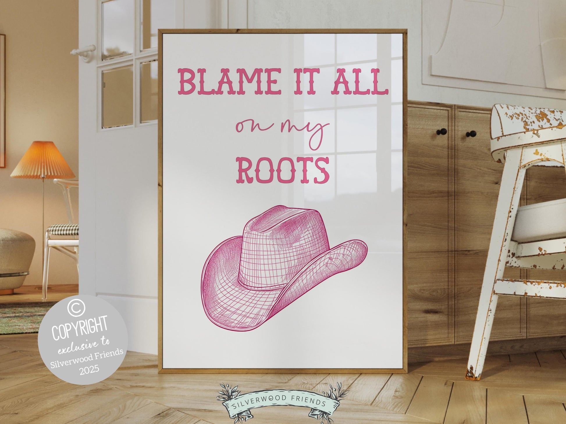 Blame It All On My Roots Pink Cowgirl Hat Print, Cowgirl Nursery Print, Pink Western Wall Decor, Teen Girl Country Wall Decor Digital Print
