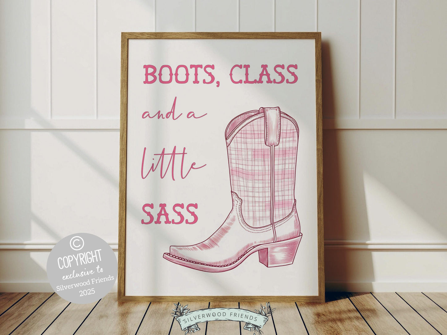 Pink Cowgirl Print, featuring cowgirl boots and quote Boots, Class and a Little Sass. Perfect for country themed decor, this stylish artwork makes a lovely addition to a nursery, teen room, or any cowgirl inspired space!