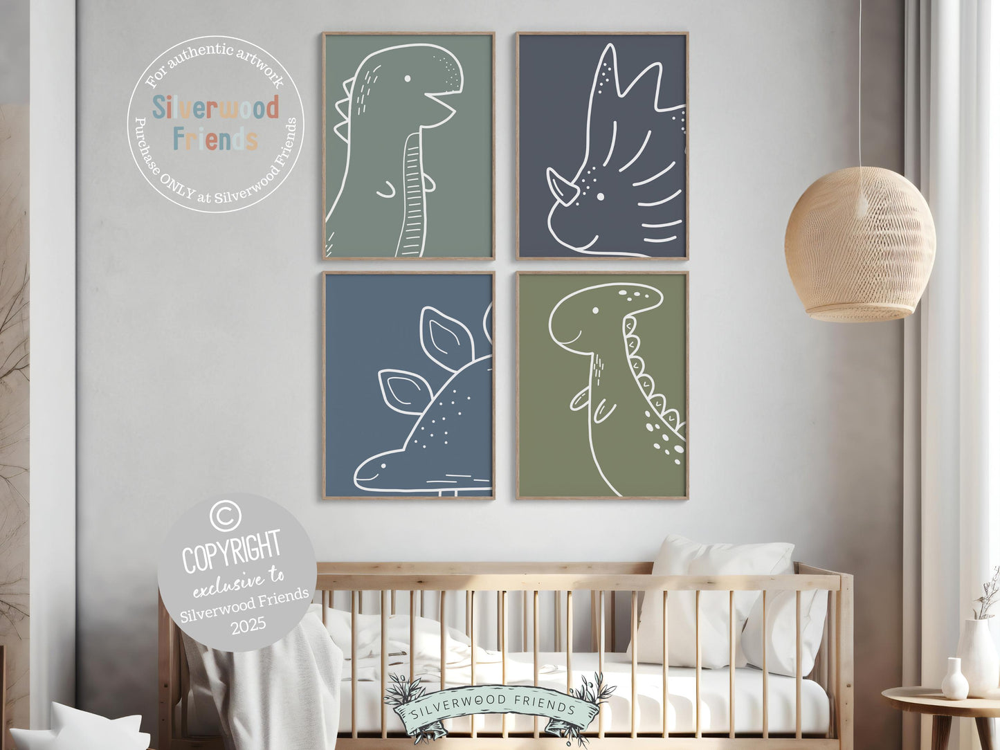 Our Dinosaur Printable Set of 4 features minimalist dinosaur outlines on dusty blue and green backgrounds, creating a stylish yet playful touch for any little dino lover’s space. Perfect for dinosaur nursery decor or as a unique dinosaur-themed baby shower gift!