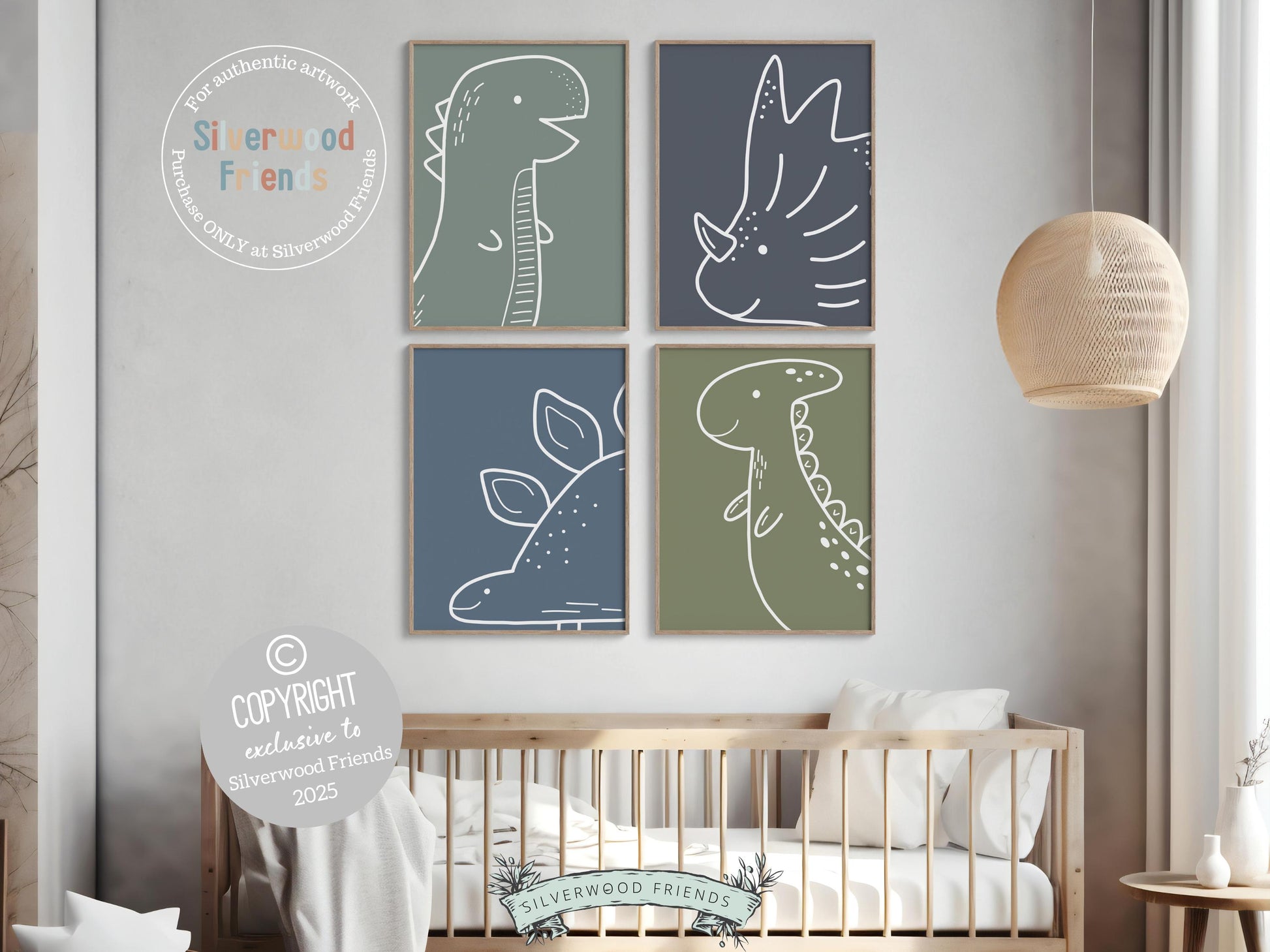 Our Dinosaur Printable Set of 4 features minimalist dinosaur outlines on dusty blue and green backgrounds, creating a stylish yet playful touch for any little dino lover’s space. Perfect for dinosaur nursery decor or as a unique dinosaur-themed baby shower gift!