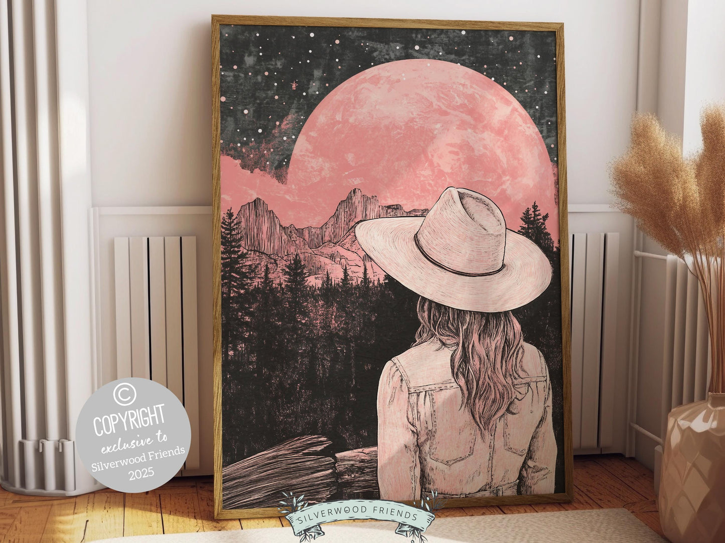 Cowgirl print, featuring a lone cowgirl gazing across the desert beneath a glowing full moon. Designed in rich black and pink tones, this artwork is perfect for a southwestern nursery, dorm room, or as a unique gift for any cowgirl at heart!