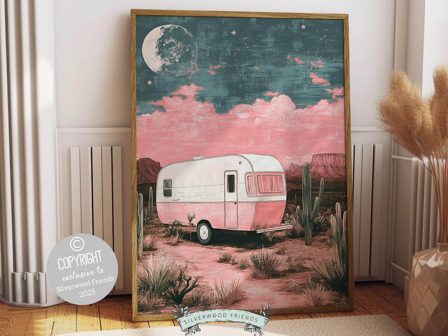Moody western print, featuring an RV nestled under a glowing full moon in the serene desert. Designed in dark pink tones, this artwork is perfect for a southwestern nursery, dorm room, or as a unique gift for adventurers and western decor lovers!