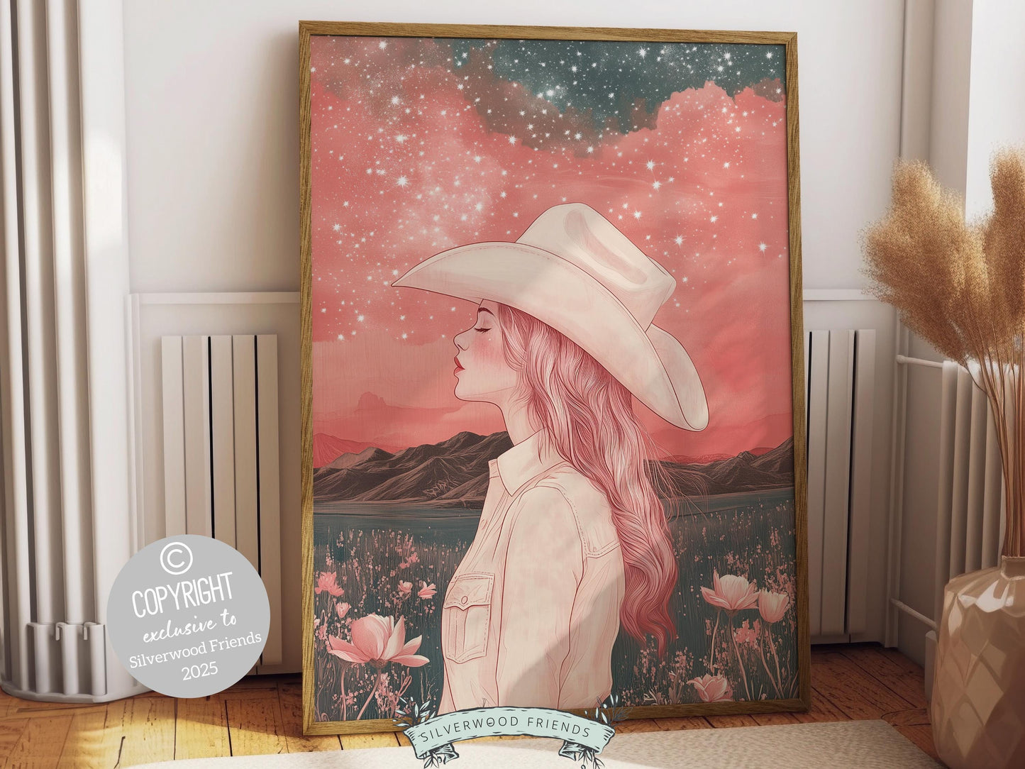 owgirl print, featuring a lone cowgirl gazing across the desert beneath a star studded sky. Designed in rich black and pink tones, this artwork is perfect for a southwestern nursery, dorm room, or as a unique gift for any cowgirl at heart!