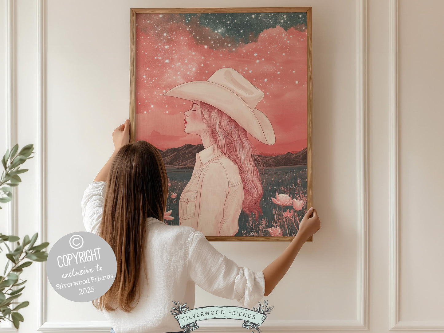 Pink Cowgirl Western Print, Nursery Wall Art, Preppy Dorm Room Wall Decor, Moody South West Wall Art, Dopamine Decor Full Moon Digital Print