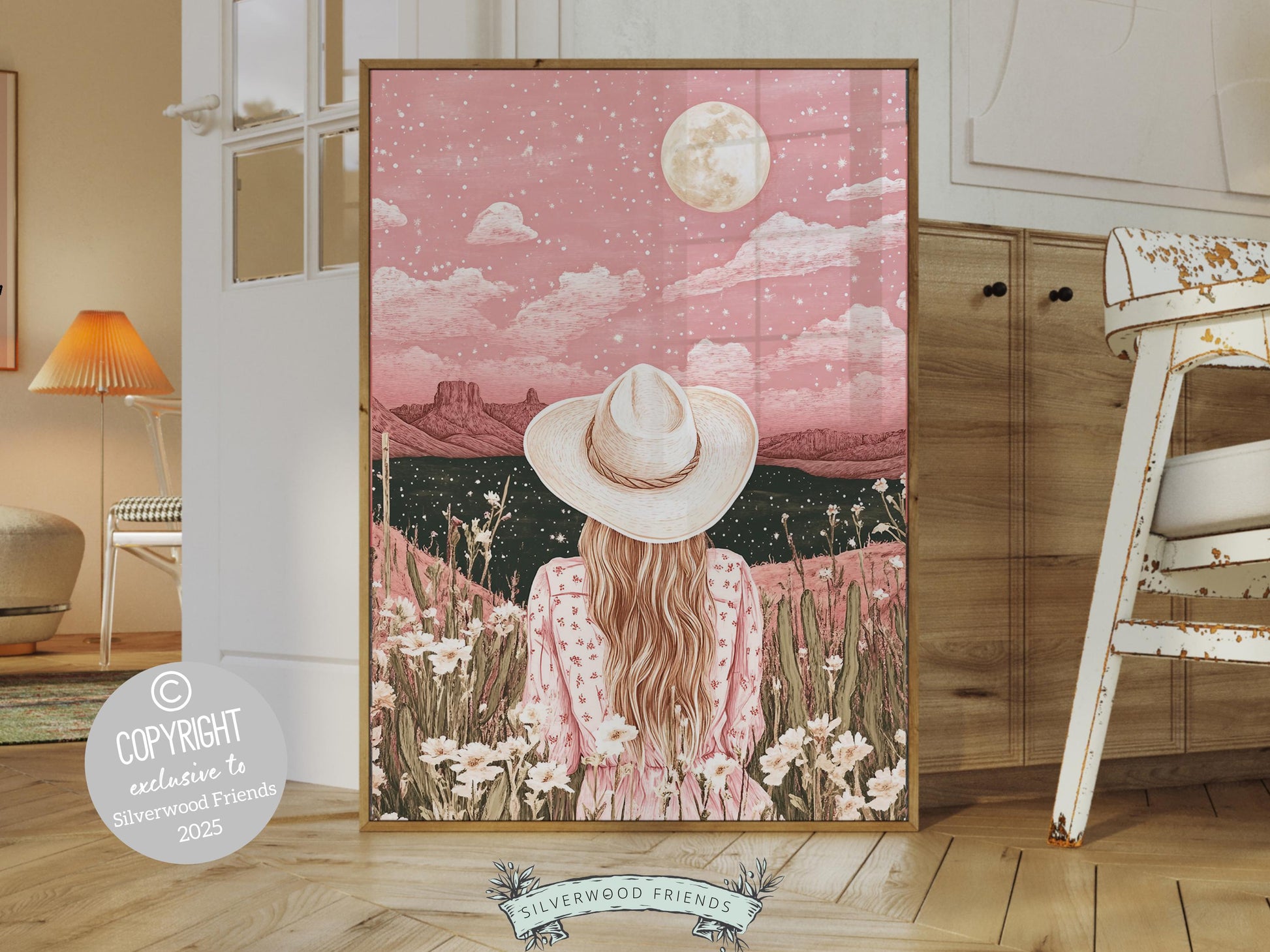 Pink Cowgirl Western Print, Preppy Dorm Room Desert Wall Decor, Moody South West Nursery Wall Art, Girl's Trendy Wall Decor Digital Print