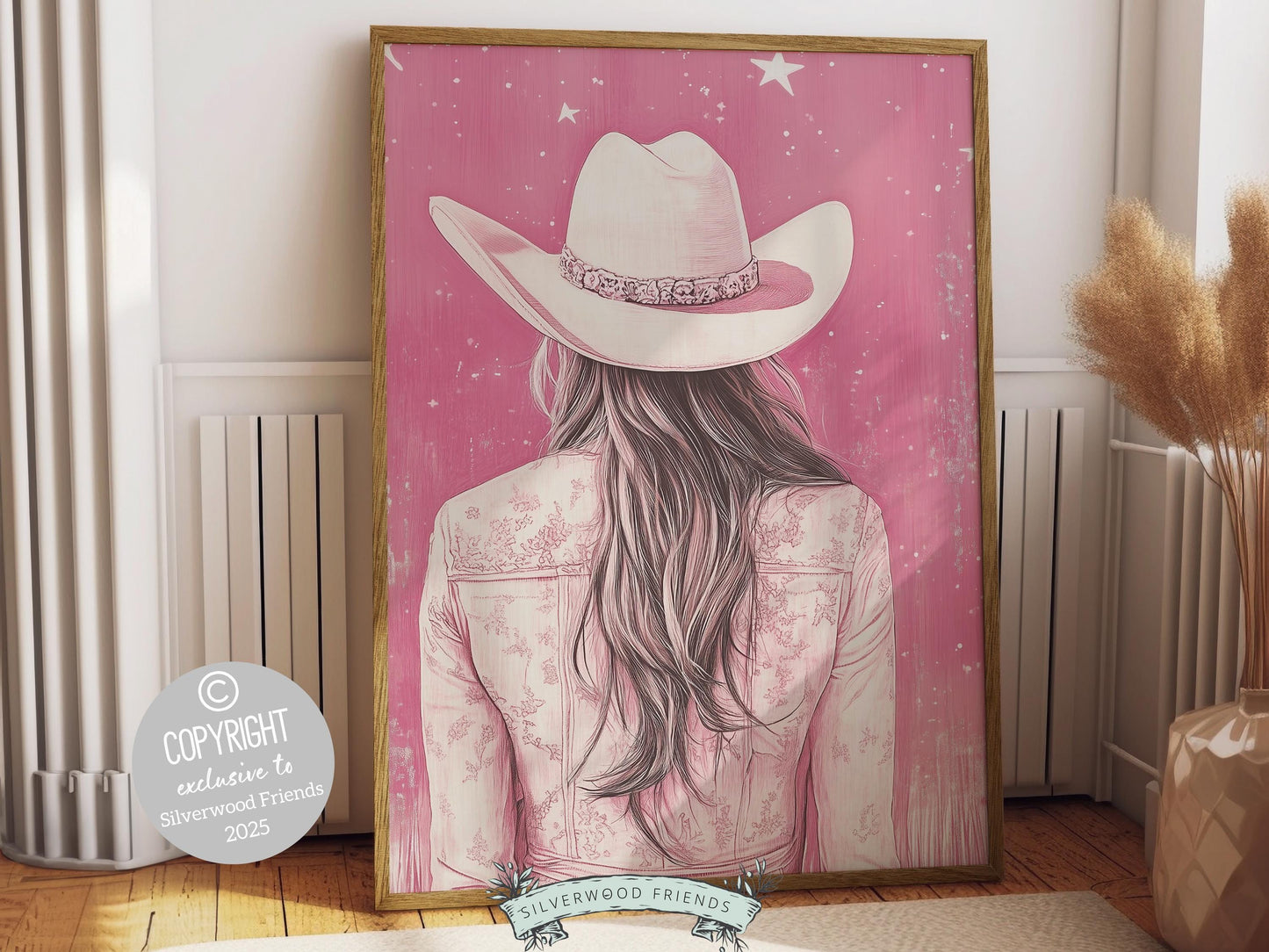 Cowgirl print, featuring a lone cowgirl gazing away under a star studded sky. Designed in rich black and pink tones, this artwork is perfect for a southwestern nursery, dorm room, or as a unique gift for any cowgirl at heart!