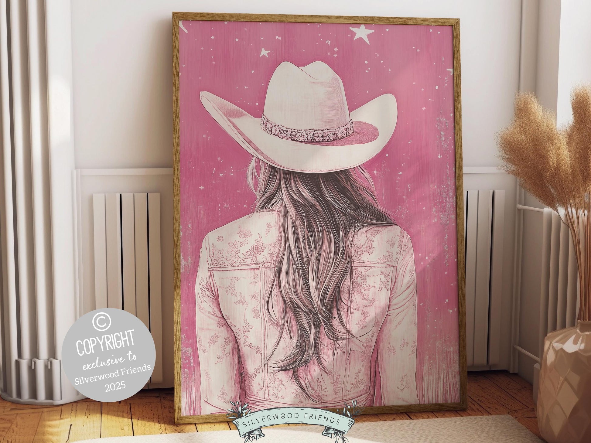 Cowgirl print, featuring a lone cowgirl gazing away under a star studded sky. Designed in rich black and pink tones, this artwork is perfect for a southwestern nursery, dorm room, or as a unique gift for any cowgirl at heart!