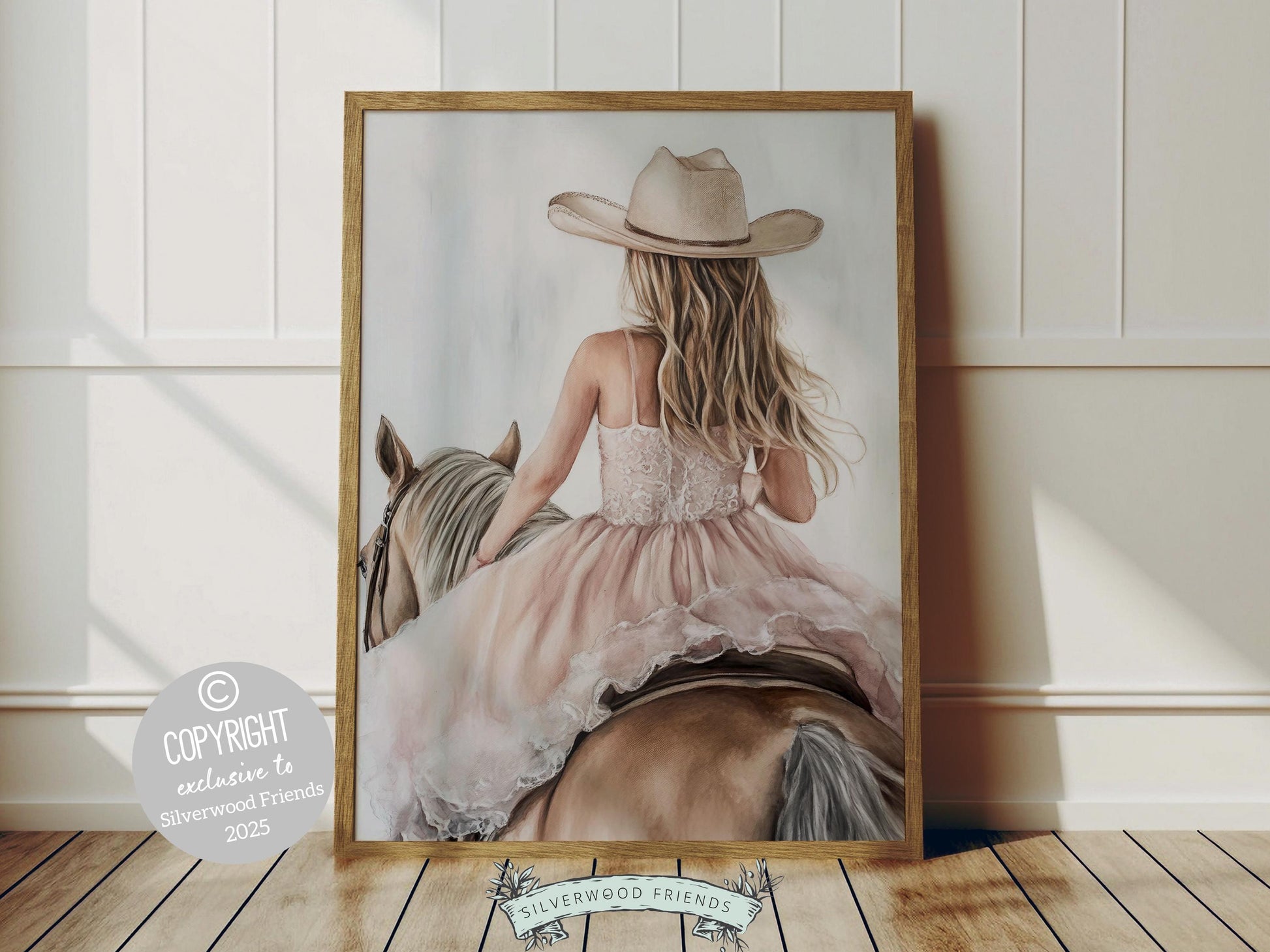 Immerse yourself in the timeless bond between cowgirl and horse with our print, featuring a cowgirl riding her graceful brown horse. Perfect for a cowgirl nursery or any western themed space, this artwork adds a touch of rustic charm to your decor