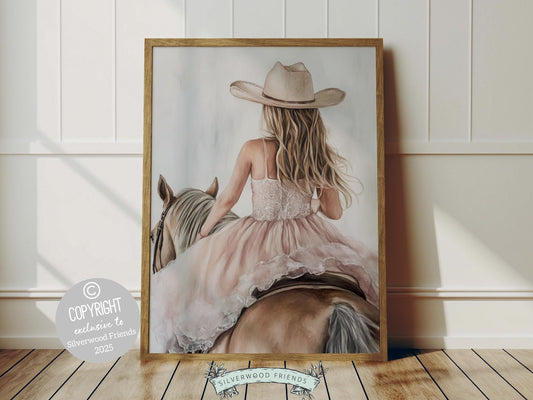 Immerse yourself in the timeless bond between cowgirl and horse with our print, featuring a cowgirl riding her graceful brown horse. Perfect for a cowgirl nursery or any western themed space, this artwork adds a touch of rustic charm to your decor