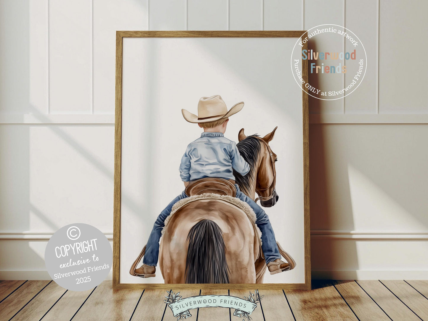 Add a touch of rustic charm to your baby boys nursery with our Cowboy Nursery Print, featuring an adorable little cowboy riding his trusty brown horse. Perfect for western themed decor and a thoughtful baby shower gift for horse loving families.