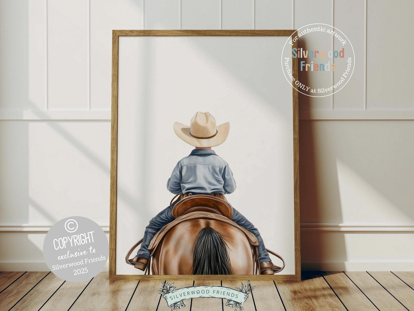 Add a touch of rustic charm to your baby boys nursery with our Cowboy Nursery Print, featuring an adorable little cowboy riding his trusty brown horse. Perfect for western themed decor and a thoughtful baby shower gift for horse loving families.