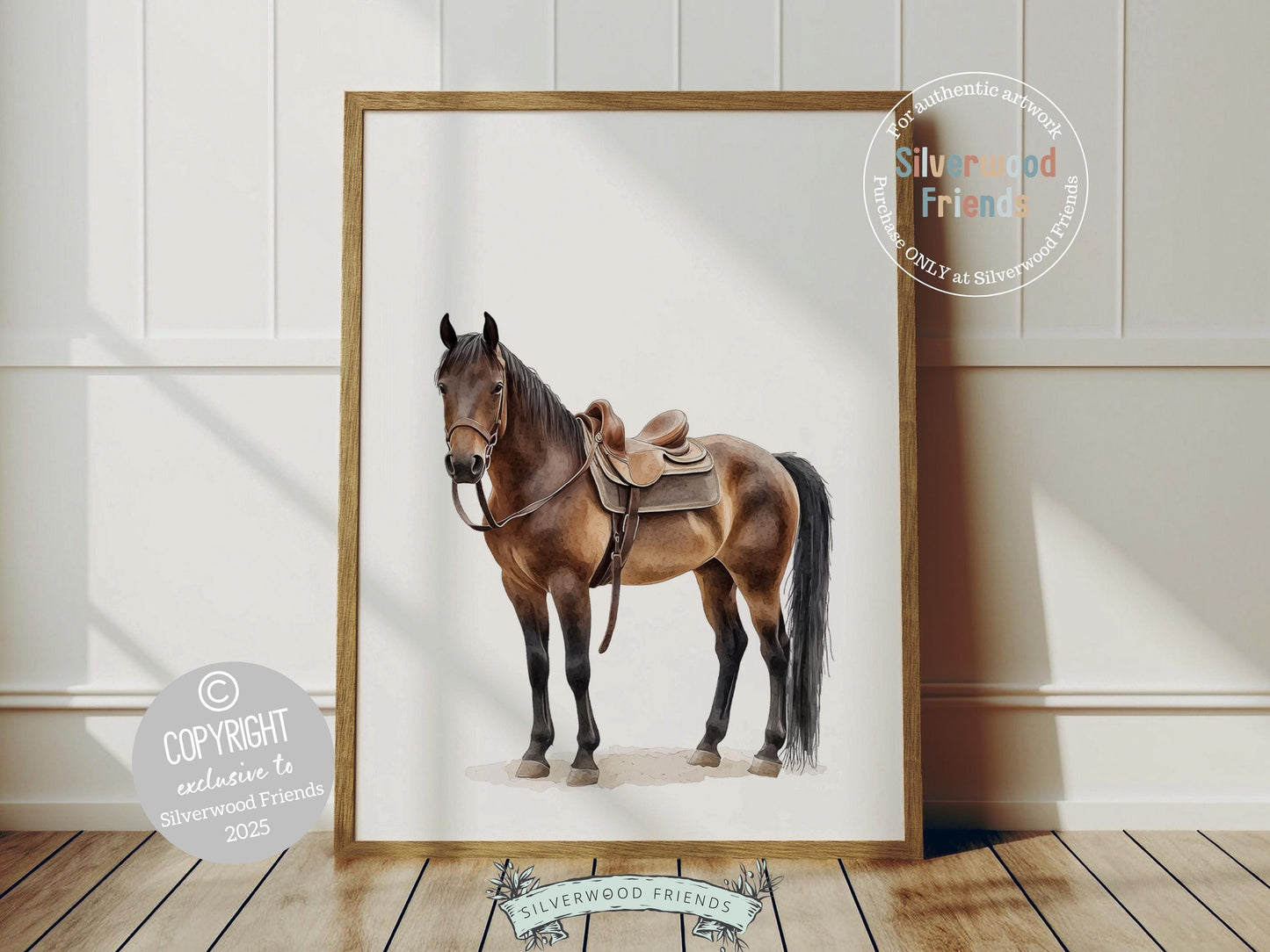 This beautiful watercolor horse print, featuring a graceful brown horse, is perfect for farmhouse or western decor and makes a charming addition to a babys western-themed nursery.