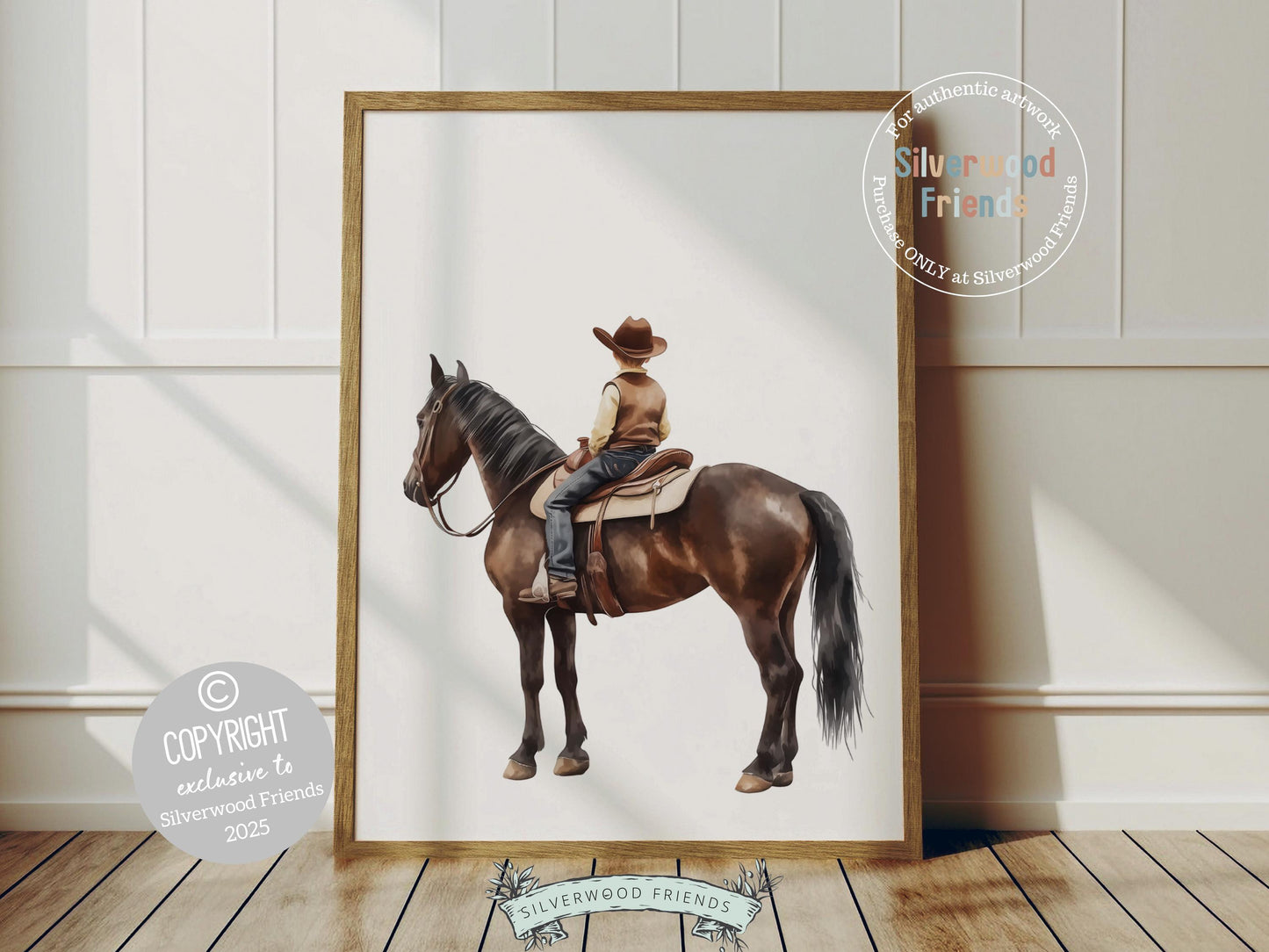 Add a touch of rustic charm to your baby boys nursery with our Cowboy Nursery Print, featuring an adorable little cowboy riding his trusty brown horse. Perfect for western themed decor and a thoughtful baby shower gift for horse loving families.