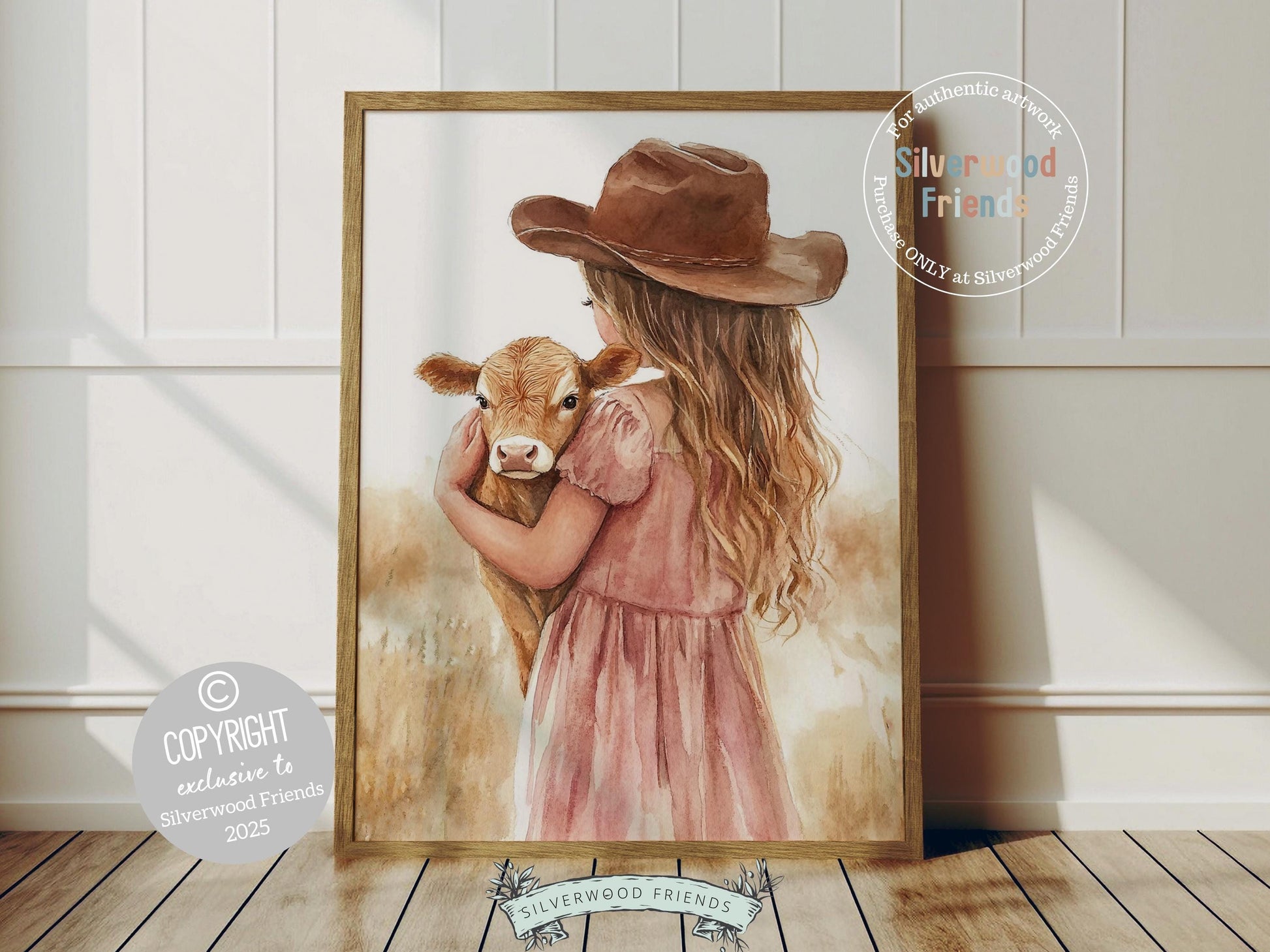 This charming watercolor print captures a sweet moment between a little cowgirl and her beloved highland cow calf, bringing warmth and rustic charm to any space. Perfect for western themed nurseries or kids farmhouse bedrooms, it also makes a heartfelt baby shower gift to be treasured for years to come!