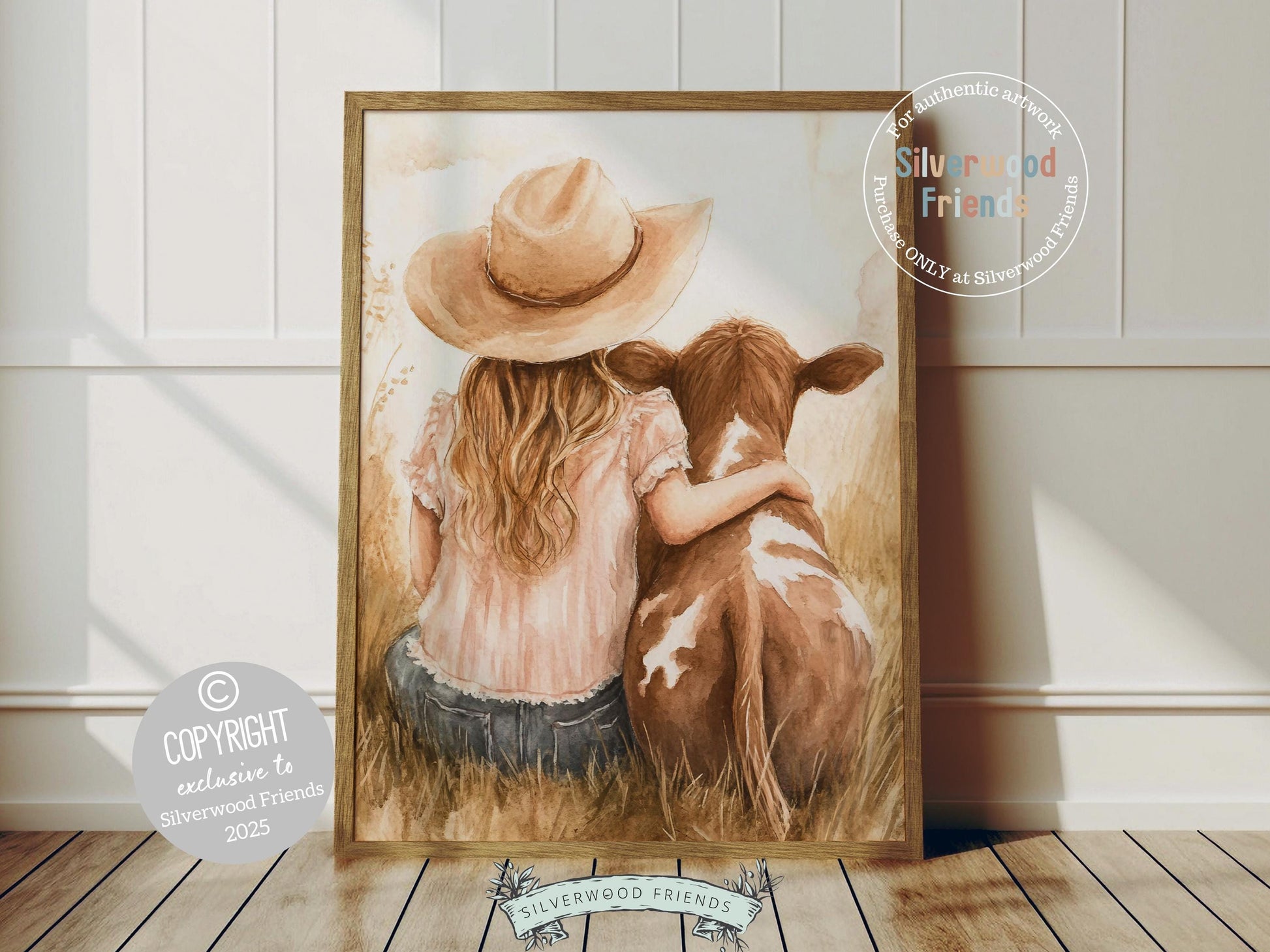 This charming watercolor print captures a sweet moment between a little cowgirl and her beloved highland cow calf, bringing warmth and rustic charm to any space. Perfect for western themed nurseries or kids farmhouse bedrooms, it also makes a heartfelt baby shower gift to be treasured for years to come!