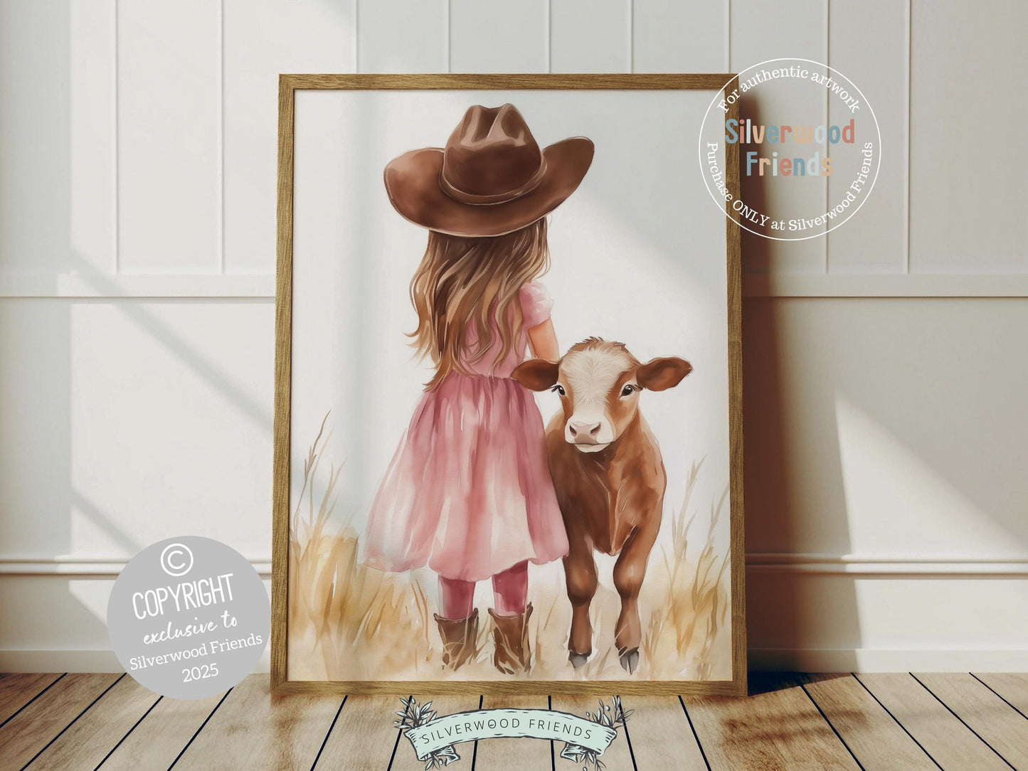 This charming watercolor print captures a sweet moment between a little cowgirl and her beloved Hereford cow calf, bringing warmth and rustic charm to any space. Perfect for western themed nurseries or kids farmhouse bedrooms, it also makes a heartfelt baby shower gift to be treasured for years to come!