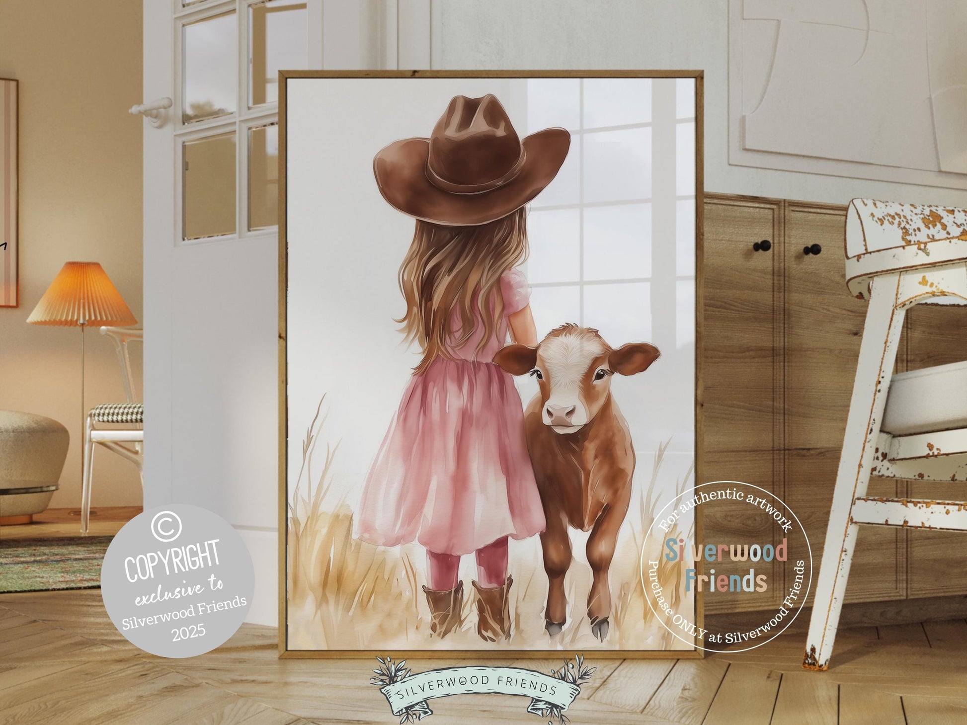 Hereford Cow Nursery Print, Baby Girl Highland Cow Nursery Decor, Pink Cowgirl Nursery Print, Kids Farm Animal Room Wall Decor Digital Print