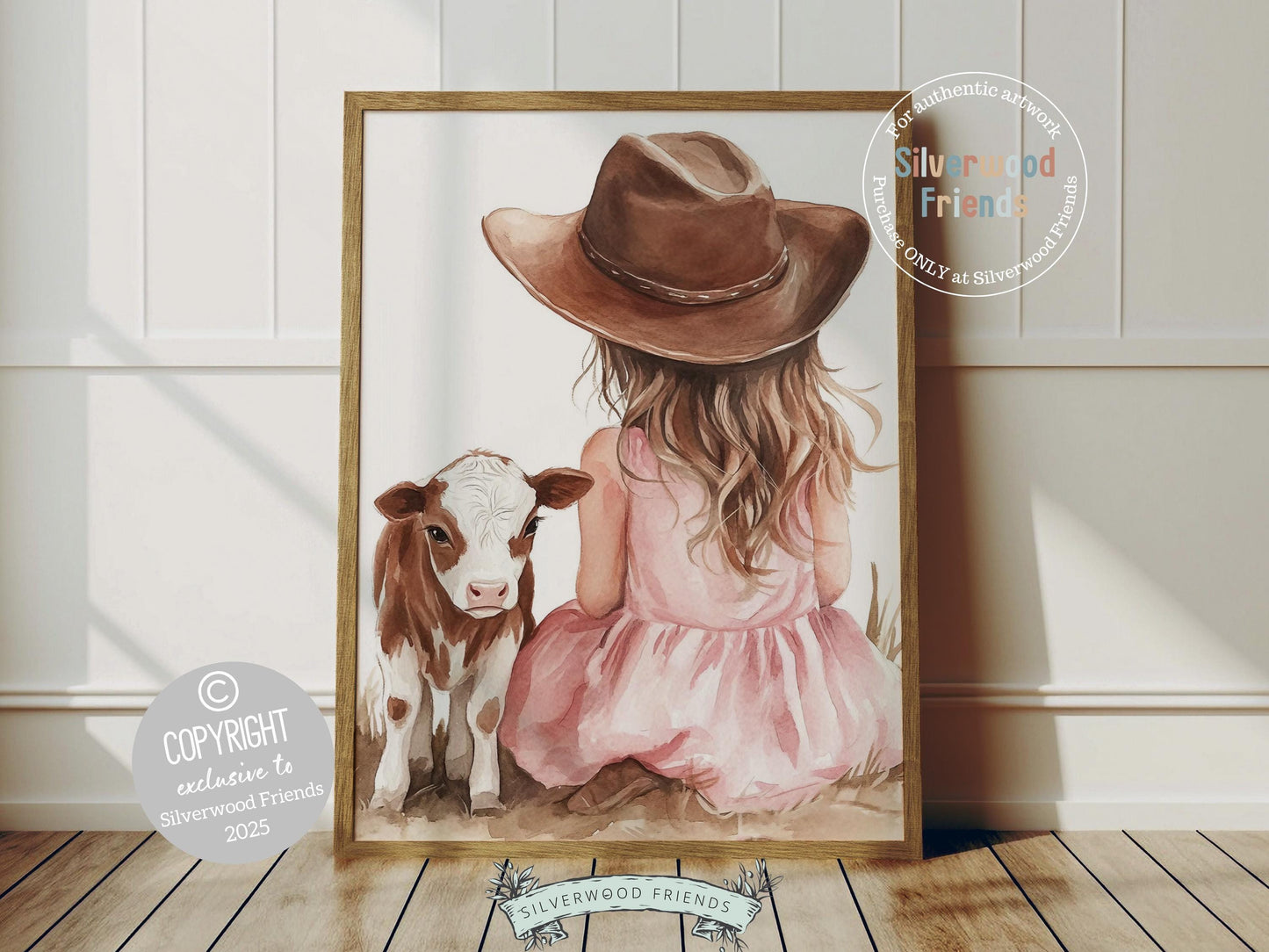 This charming watercolor print captures a sweet moment between a little cowgirl and her beloved Hereford cow calf, bringing warmth and rustic charm to any space. Perfect for western themed nurseries or kids farmhouse bedrooms, it also makes a heartfelt baby shower gift to be treasured for years to come!