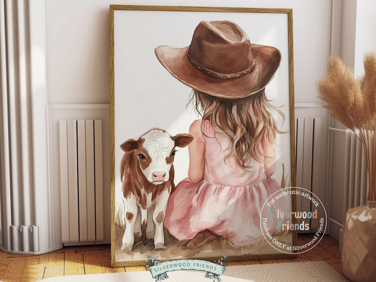 Baby Cow Nursery Print, Baby Girl Highland Cow Nursery Decor, Pink Cowgirl Nursery Print, Kids Cute Farm Animal Room Decor Digital Print
