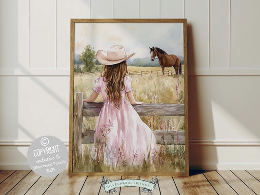 Experience the heartfelt bond between cowgirl and horse with this enchanting watercolor print, featuring a cowgirl lovingly gazing across the paddock at her beloved companion. Perfect for a cowgirl nursery or any western themed space, this artwork brings rustic charm to your decor and makes a unique baby shower gift for horse lovers!