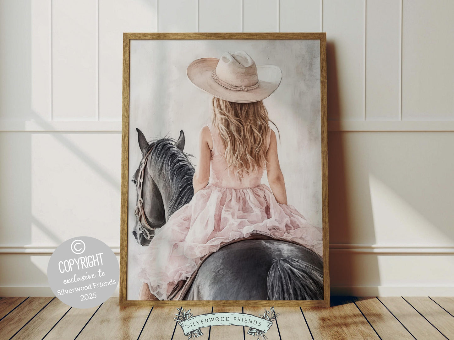 Immerse yourself in the timeless bond between cowgirl and horse with our enchanting watercolor print, featuring a blonde cowgirl riding her black horse. Perfect for a cowgirl nursery or any western themed space, this artwork adds a touch of rustic charm to your decor and makes a unique baby shower gift for horse lovers!