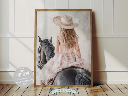 Immerse yourself in the timeless bond between cowgirl and horse with our enchanting watercolor print, featuring a blonde cowgirl riding her black horse. Perfect for a cowgirl nursery or any western themed space, this artwork adds a touch of rustic charm to your decor and makes a unique baby shower gift for horse lovers!
