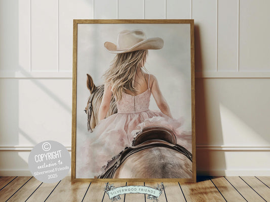 Immerse yourself in the timeless bond between cowgirl and horse with our enchanting watercolor print, featuring a blonde cowgirl riding her brown horse. Perfect for a cowgirl nursery or any western themed space, this artwork adds a touch of rustic charm to your decor and makes a unique baby shower gift for horse lovers!