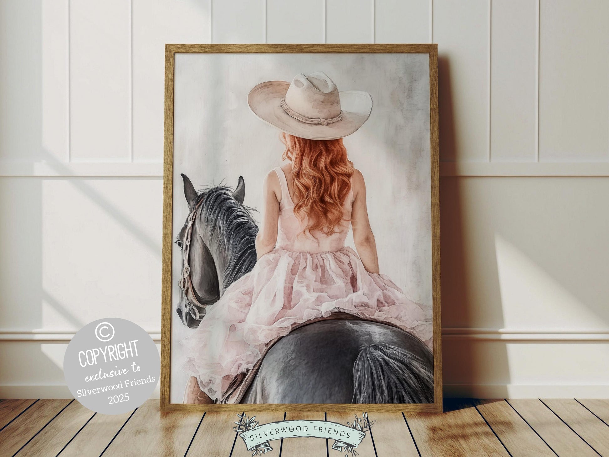 Immerse yourself in the timeless bond between cowgirl and horse with our enchanting watercolor print, featuring a red haired cowgirl riding her black horse. Perfect for a cowgirl nursery or any western themed space, this artwork adds a touch of rustic charm to your decor and makes a unique baby shower gift for horse lovers!
