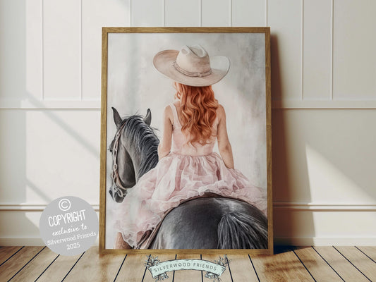 Immerse yourself in the timeless bond between cowgirl and horse with our enchanting watercolor print, featuring a red haired cowgirl riding her black horse. Perfect for a cowgirl nursery or any western themed space, this artwork adds a touch of rustic charm to your decor and makes a unique baby shower gift for horse lovers!