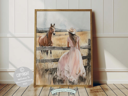Celebrate the special bond between cowgirl and horse with this enchanting watercolor print, capturing a heartfelt moment between a girl and her beloved horse. Perfect for horse themed decor or any western space, this artwork makes a unique and thoughtful gift for horse lovers and equestrian enthusiasts!