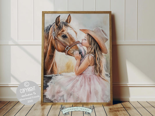 Immerse yourself in the timeless bond between cowgirl and horse with our enchanting watercolor print, depicting a cowgirl with her beloved horse. Ideal for horse-themed decor or any western space, this artwork makes a unique and meaningful gift for equestrian enthusiasts and horse lovers alike!