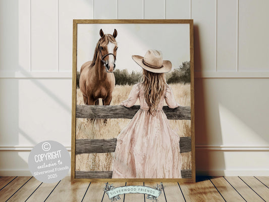 Celebrate the special bond between cowgirl and horse with this enchanting watercolor print, capturing a heartfelt moment between a girl and her beloved horse. Perfect for horse themed decor or any western space, this artwork makes a unique and thoughtful gift for horse lovers and equestrian enthusiasts!