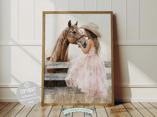 Immerse yourself in the timeless bond between cowgirl and horse with our enchanting watercolor print, depicting a cowgirl with her beloved horse. Ideal for horse-themed decor or any western space, this artwork makes a unique and meaningful gift for equestrian enthusiasts and horse lovers alike!