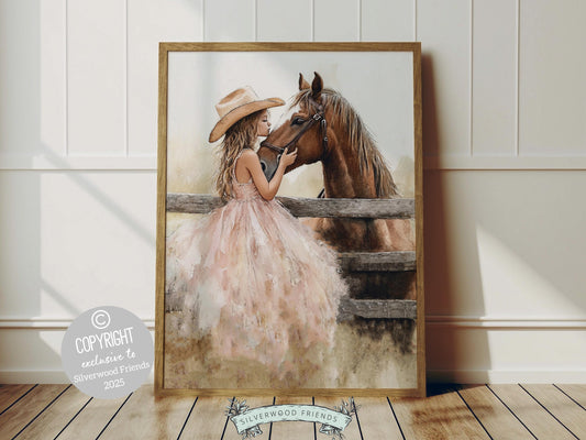 Step into the timeless bond between cowgirl and horse with this enchanting watercolor print, capturing a heartfelt moment between a rider and her beloved companion. Perfect for horse-themed decor or any western space, this artwork makes a unique and meaningful gift for equestrian enthusiasts and horse lovers alike!