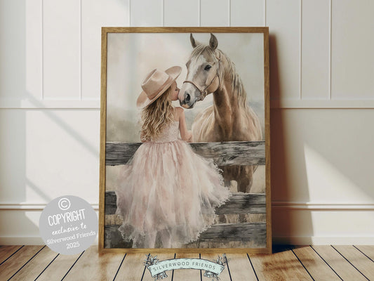 Experience the heartfelt bond between cowgirl and horse with this enchanting watercolor print, capturing a tender moment between a rider and her beloved companion. Perfect for horse-themed decor or any western space, this artwork makes a unique and meaningful gift for equestrian enthusiasts and horse lovers alike!