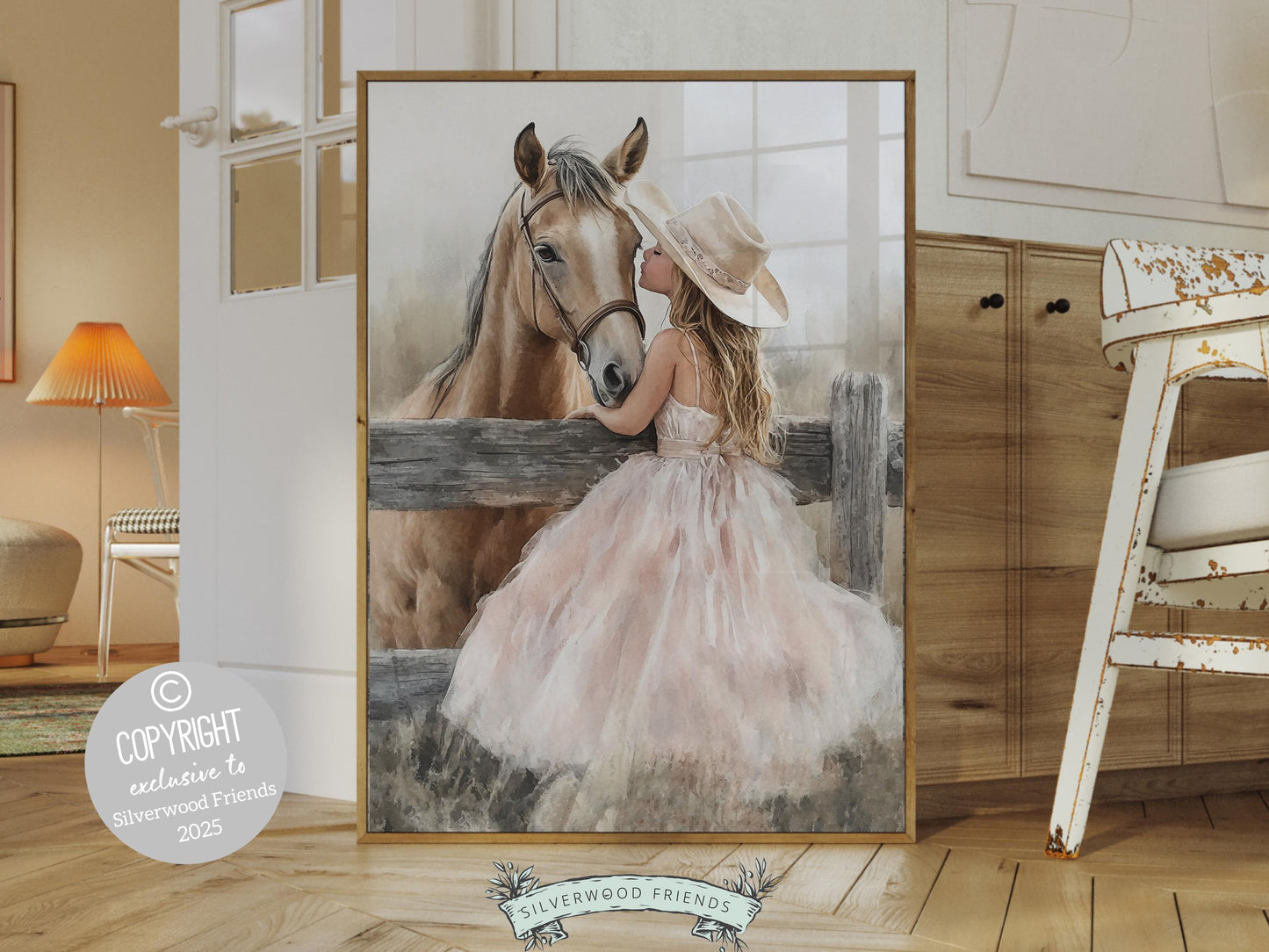 Experience the heartfelt bond between cowgirl and horse with this enchanting watercolor print, capturing a tender moment between a little cowgirl and her beloved horse. Perfect for horse-themed decor or any western space, this artwork makes a unique and meaningful gift for horse lovers.