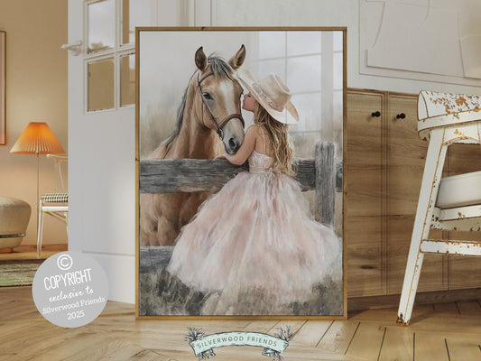 Experience the heartfelt bond between cowgirl and horse with this enchanting watercolor print, capturing a tender moment between a little cowgirl and her beloved horse. Perfect for horse-themed decor or any western space, this artwork makes a unique and meaningful gift for horse lovers.