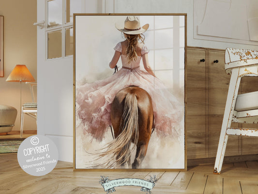 Embrace the cowgirl spirit with this captivating watercolor print, featuring a cowgirl riding her horse into the distance. Perfect for horse-themed decor or any western space, this artwork makes a unique and thoughtful gift for equestrian enthusiasts and horse lovers alike!