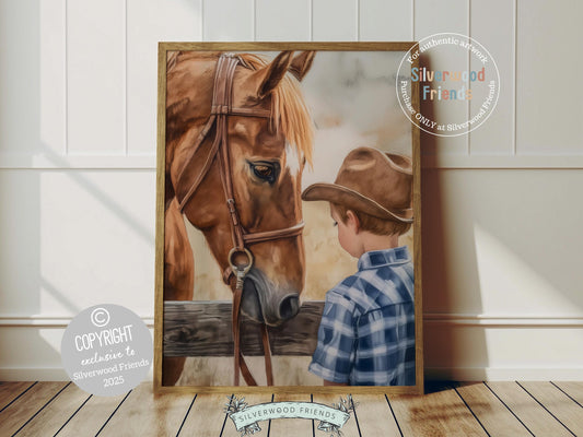Add a touch of rustic charm to your baby boys nursery with our Cowboy Nursery Print, featuring an adorable little cowboy and his horse at a paddock fence. Perfect for western themed decor and a thoughtful cowboy baby shower gift for horse loving families.