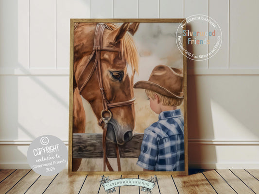 Add a touch of rustic charm to your baby boys nursery with our Cowboy Nursery Print, featuring an adorable little cowboy and his trusty horse at a paddock fence. Perfect for western themed decor and a thoughtful cowboy baby shower gift for horse loving families.