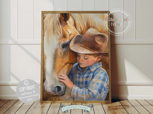 Add a touch of rustic charm to your baby boys nursery with our Cowboy Nursery Print, featuring an adorable little cowboy sharing a special moment with his adorable horse. Perfect for western themed decor and a thoughtful baby shower gift for horse loving families.