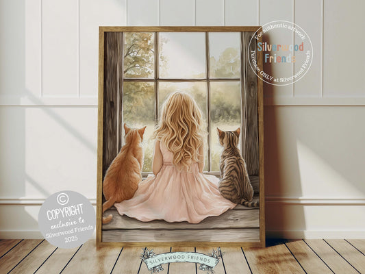 Transport yourself to a dreamy countryside moment with this enchanting watercolor nursery print, featuring a sweet little cowgirl in a flowing pink dress, gazing wistfully out of her farmhouse barn window with her two loyal tabby cats nestled beside her. A perfect blend of rustic charm and childhood nostalgia, this timeless piece adds a touch of whimsy to any western or farmhouse nursery and makes a heartfelt baby shower gift to be cherished for years to come.