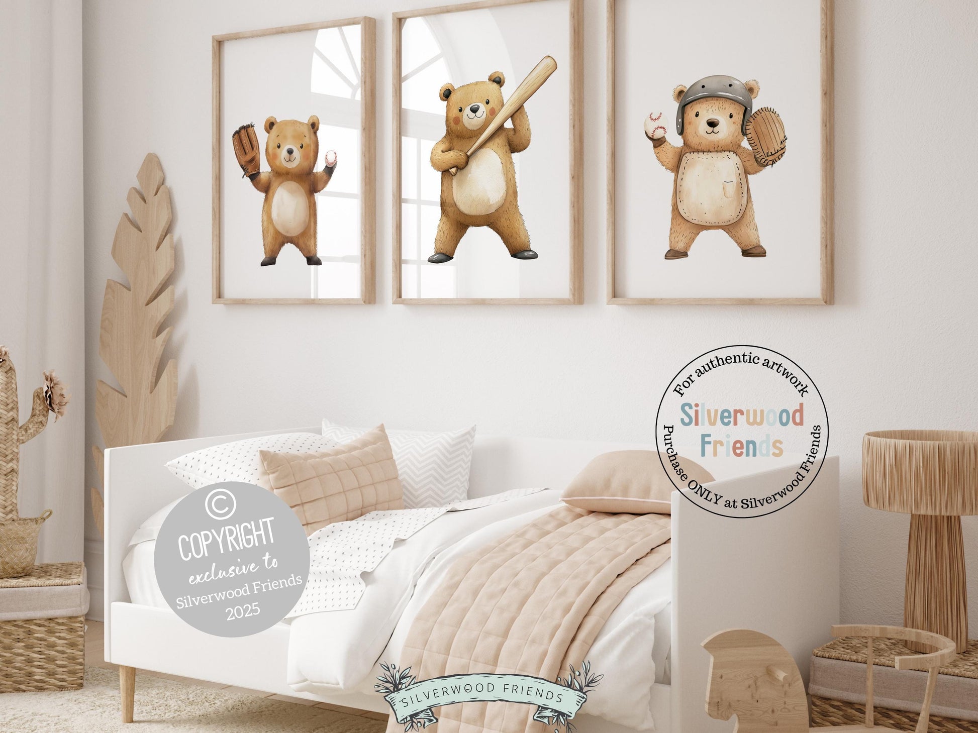 Hit a home run with your nursery decor! Our Baseball Nursery Print Set of 3 features charming woodland bears playing baseball, perfect for a sports-themed nursery or a cozy woodland bear room. A grand slam addition for little sluggers and makes a unique baby shower gift.