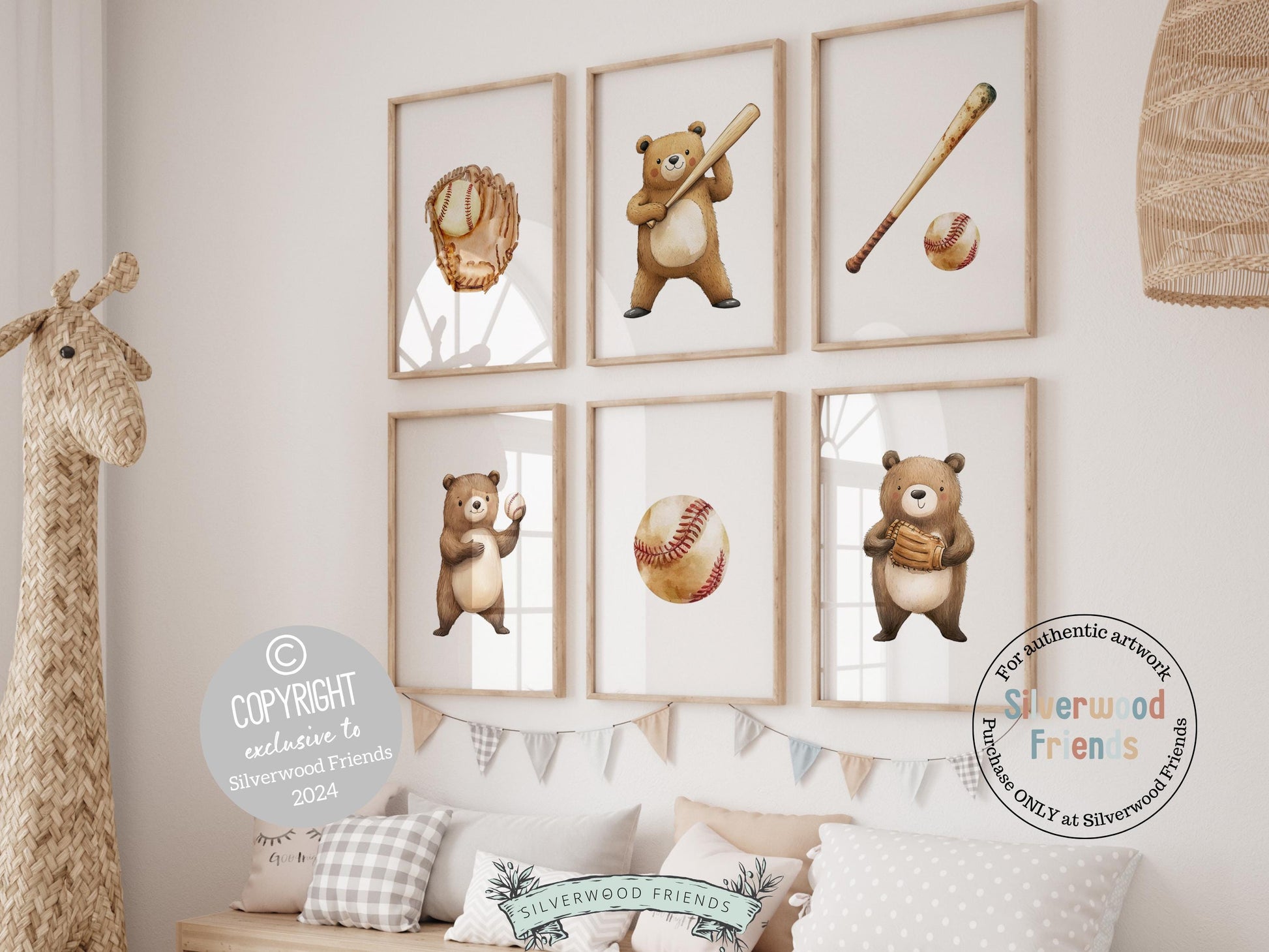 Hit a home run with your nursery decor! Our Baseball Nursery Print Set of 6 features charming woodland bears playing baseball with a baseball bat, mitten and ball and is perfect for a sports-themed nursery or a cozy woodland bear room. A grand slam addition for little sluggers and makes a unique baby shower gift.