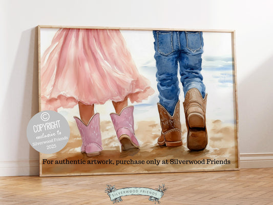 Celebrate the timeless bond between a cowboy and cowgirl brother and sister with our enchanting watercolor print, featuring a little cowboy and cowgirl strolling along the beach. The perfect addition to your western themed decor, this heartfelt artwork also makes a unique and thoughtful baby shower gift.