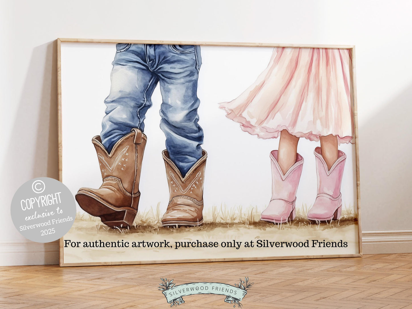 Celebrate the timeless bond between a cowboy and cowgirl brother and sister with our enchanting watercolor print, featuring a little cowboy and cowgirl strolling together side by side. The perfect addition to your western themed decor, this heartfelt artwork also makes a unique and thoughtful baby shower gift.