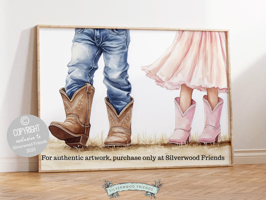 Celebrate the timeless bond between a cowboy and cowgirl brother and sister with our enchanting watercolor print, featuring a little cowboy and cowgirl strolling together side by side. The perfect addition to your western themed decor, this heartfelt artwork also makes a unique and thoughtful baby shower gift.